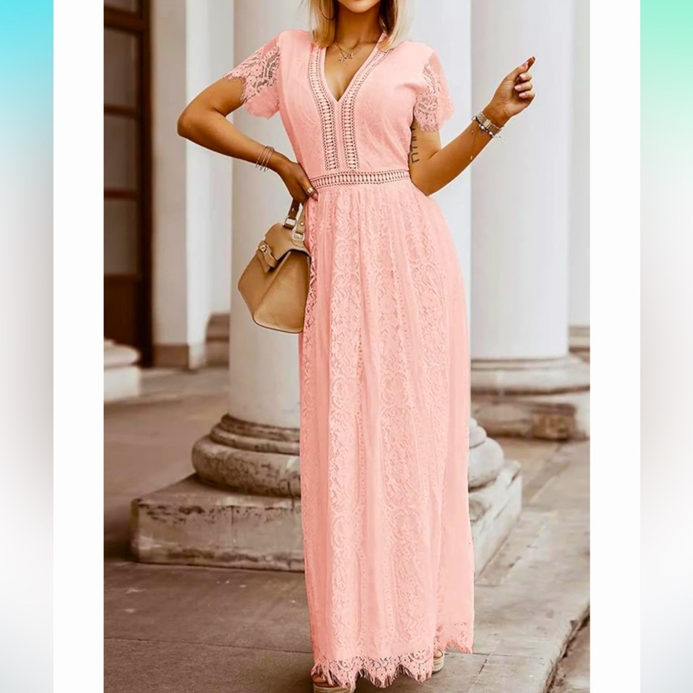 Elegant Pink Lace Maxi Dress 👗